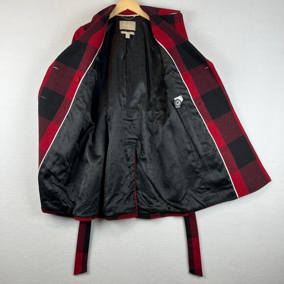 Banana Republic Buffalo Plaid Wool Peacoat Trench Coat Belt Jacket XS Red Black - Picture 7 of 10